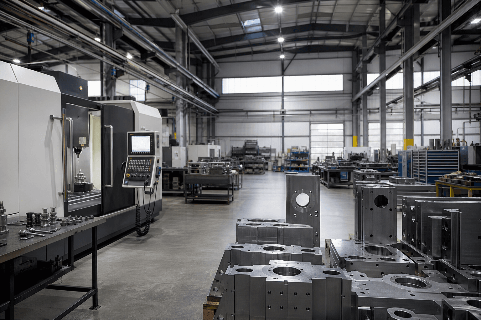 CNC machinery and steel components on a manufacturing floor