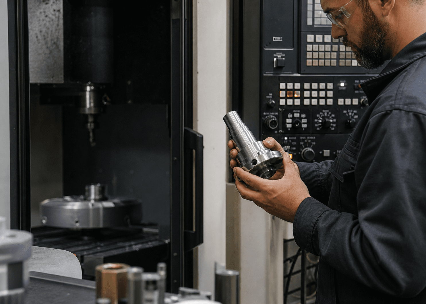 Manufacturing operator working beside CNC equipment and inspecting a metal component
